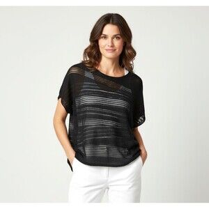 Eileen Fisher Organic Linen S Black Crochet Knit Horizontal Stripe Tunic Sweater